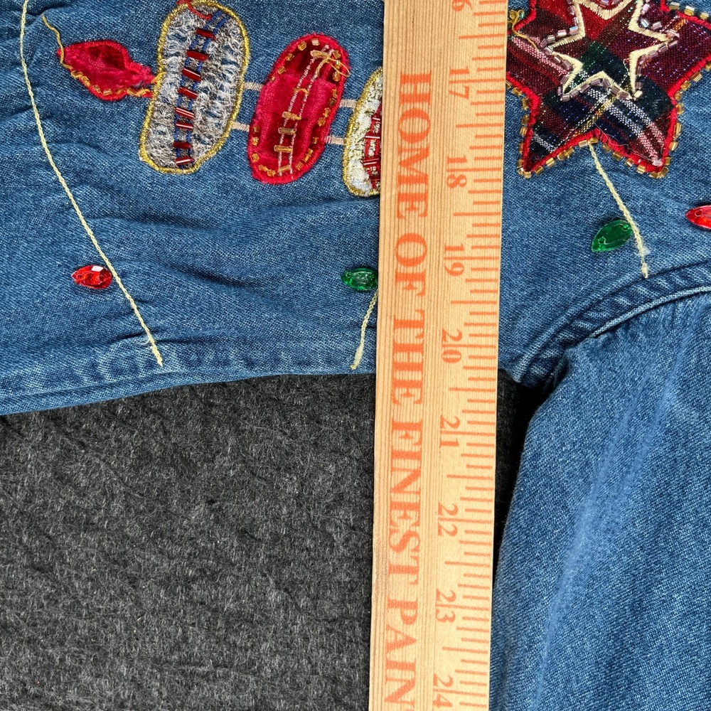 VTG Tantrums Shirt Womens Medium Blue Denim Cotton Christmas Embroidered - Picture 3 of 6